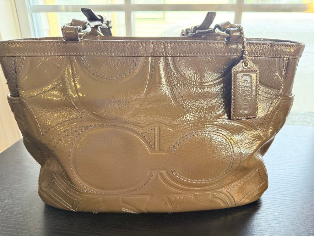 Coach Patent Leather Signature Tote Bag Brown Taupe Olive Neutral Shoulder Bag